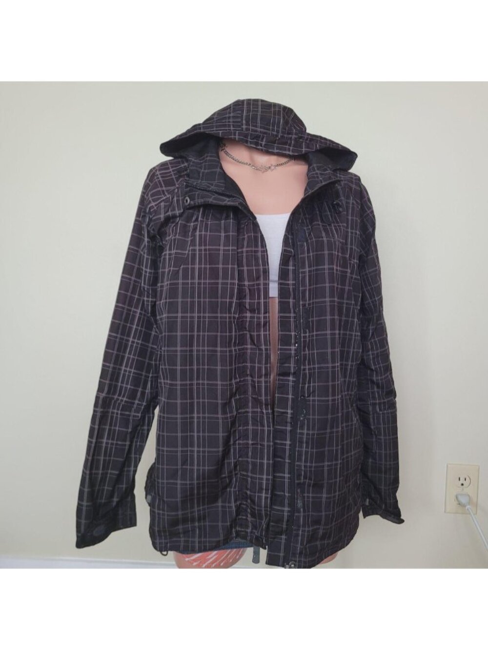 Wind River Gorpcore Plaid Multi Pocket Hooded Windbreaker Jacket (XL)